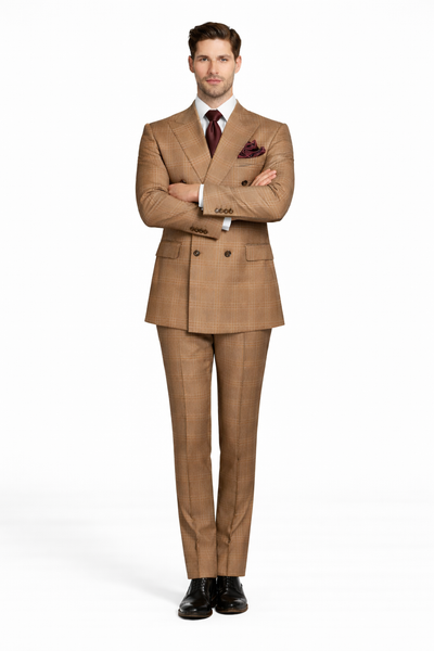 Men's Tan Plaid Double-Breasted Suit – Classic Windowpane Two-Piece Formal Suit - Camel Color Suit By Rossiman