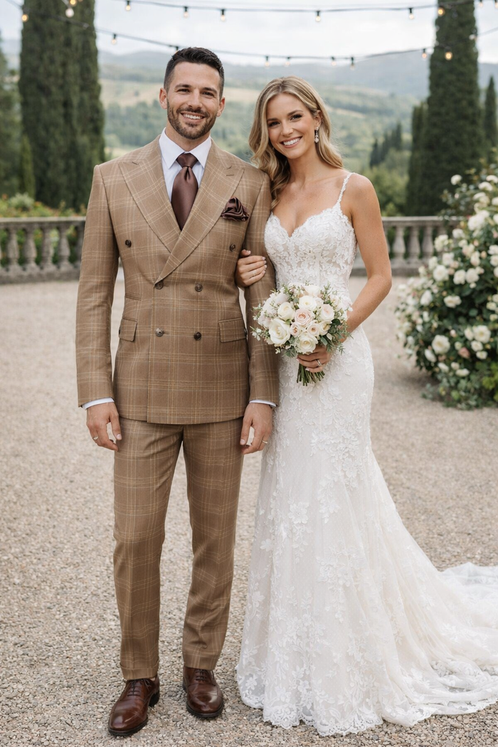 Men's Tan Plaid Double-Breasted Suit – Classic Windowpane Two-Piece Formal Suit - Camel Color Suit By Rossiman