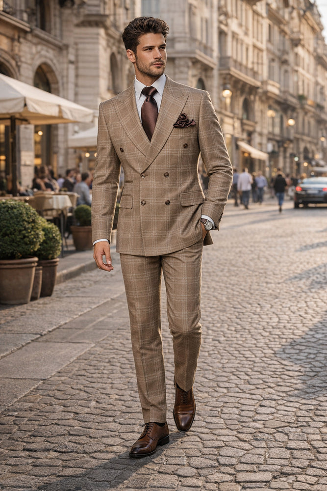 Rossiman Men’s Camel Tan Windowpane Plaid Double-Breasted Suit