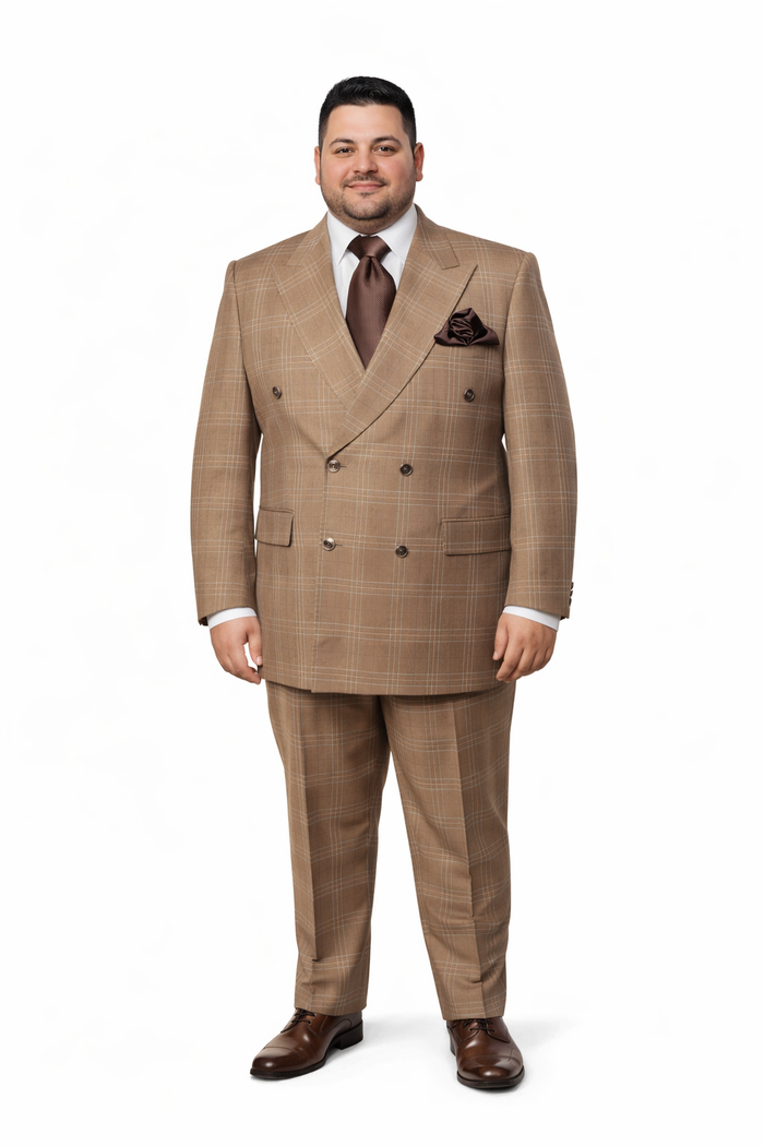 Men's Tan Plaid Double-Breasted Suit – Classic Windowpane Two-Piece Formal Suit - Camel Color Suit By Rossiman