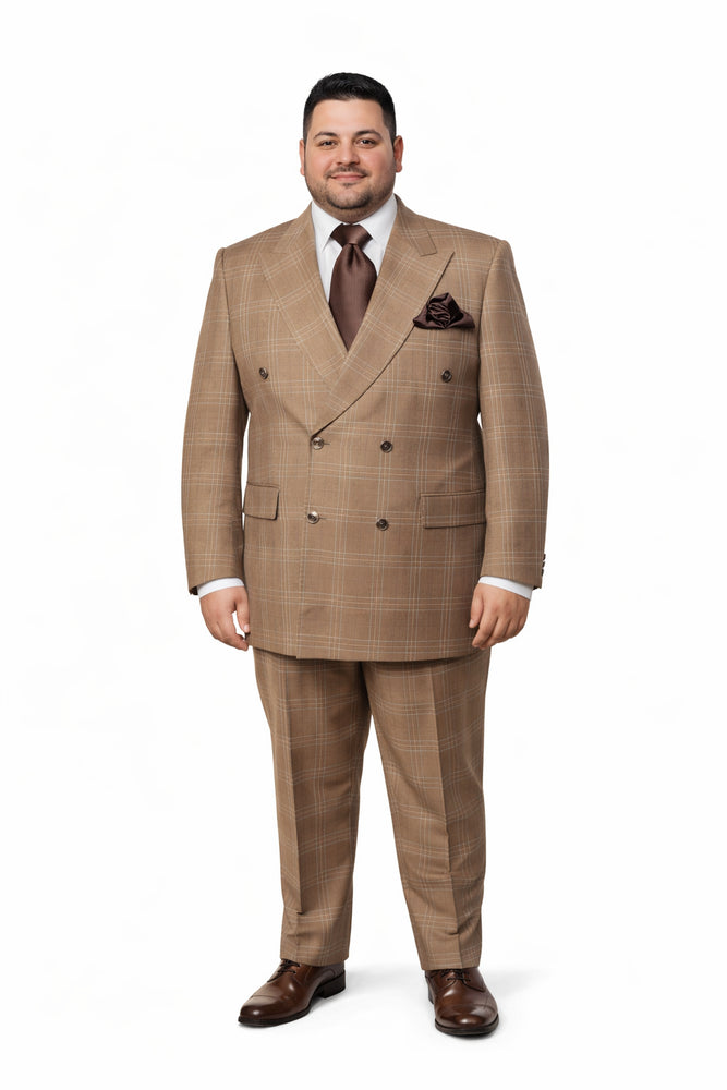 Rossiman Men’s Camel Tan Windowpane Plaid Double-Breasted Suit