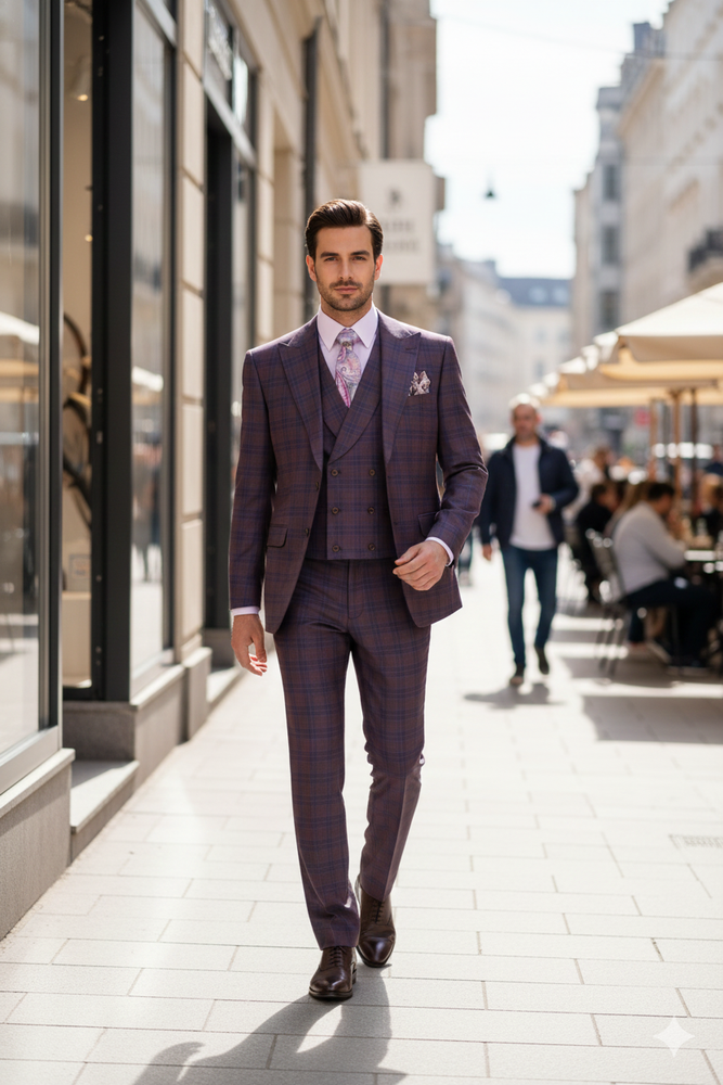 Purple Plaid Suit - Vested Suit - 3 Piece Suits - Peak Lapel Suits - Windowpane Suit - 2 Button