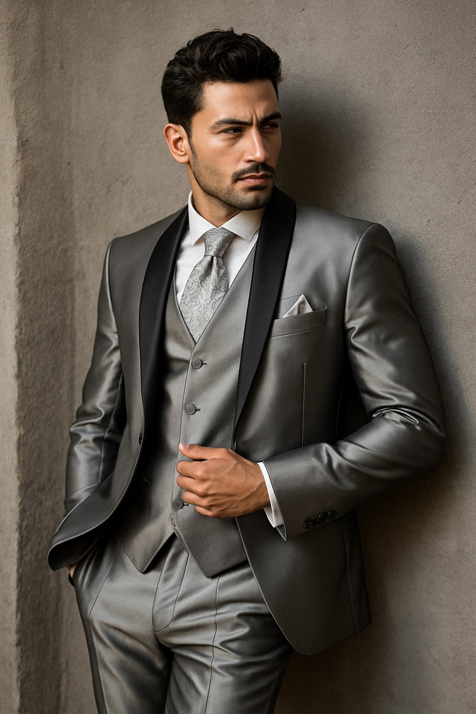 Men's Two Toned Tuxedo Trimmed Jacket And Suit Silver Grey