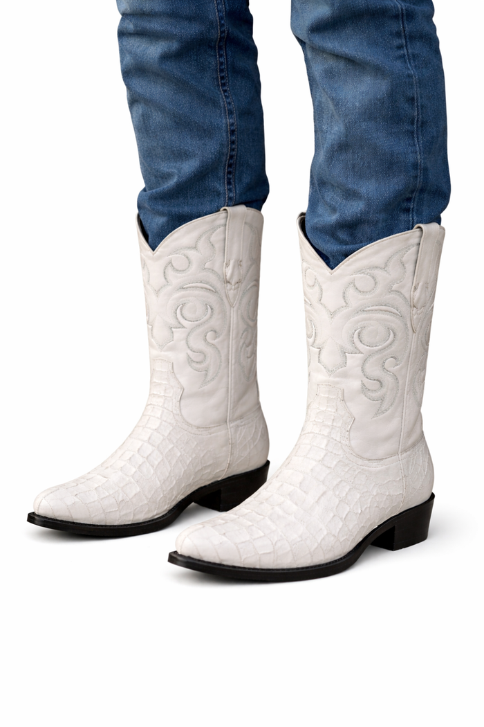 Men's White Crocodile Print Cowboy Boots - Los Altos Dress Western Boots