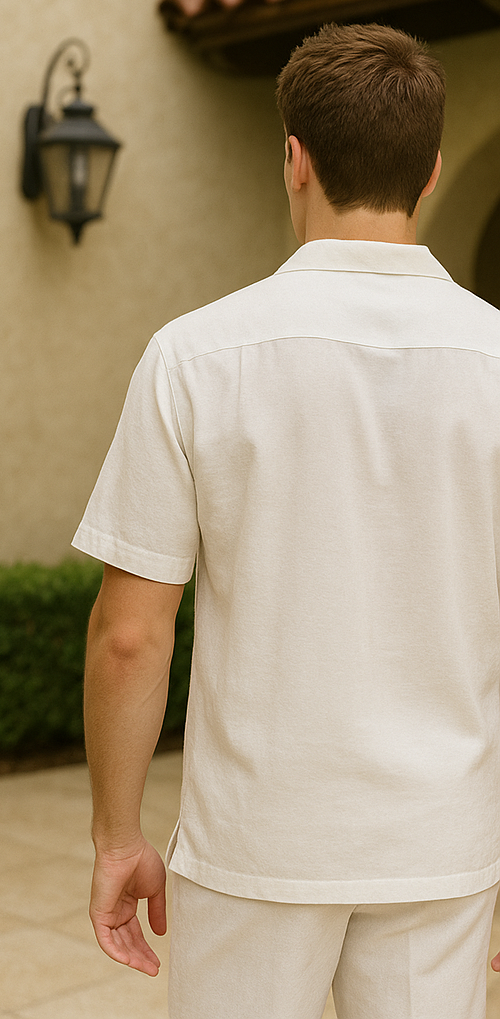 Men's White Linen 2 Piece Short Sleeve Casual Outfit Casual Two Piece Mens Walking Outfit For Sale Pant Sets Suit all white outfits for men