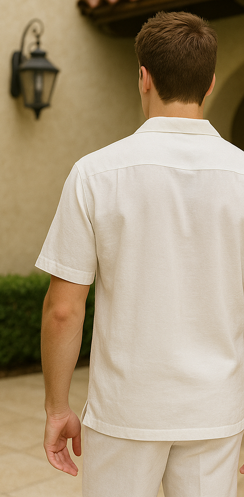 Men's White Linen 2 Piece Short Sleeve Casual Outfit Casual Two Piece Mens Walking Outfit For Sale Pant Sets Suit all white outfits for men