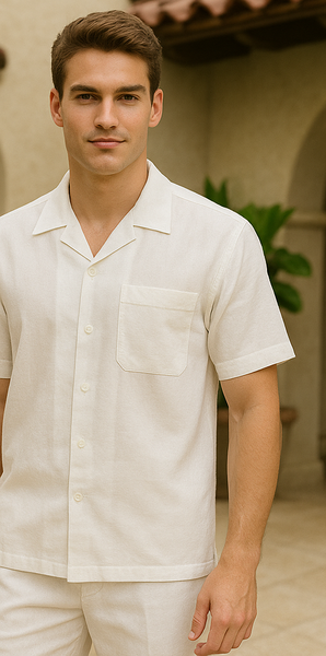 Men's White Linen 2 Piece Short Sleeve Casual Outfit Casual Two Piece Mens Walking Outfit For Sale Pant Sets Suit all white outfits for men