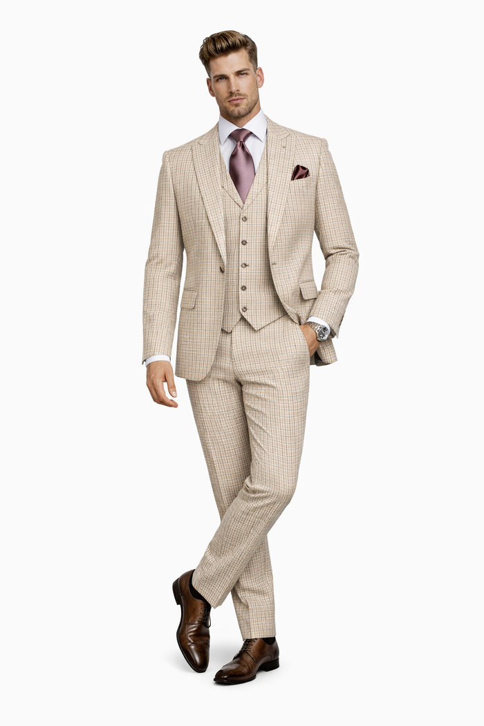 Beige Heritage Microcheck 3-Piece Tailored Elegance Suit