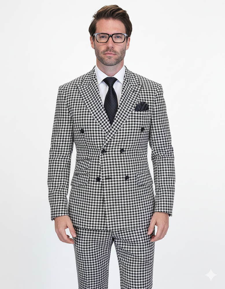 Double Breasted Suits - Vested Suits Wool Fabric  - Black Houndstooth Suit