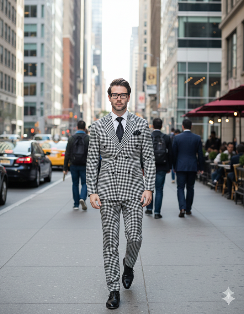 Double Breasted Suits - Vested Suits Wool Fabric  - Black Houndstooth Suit