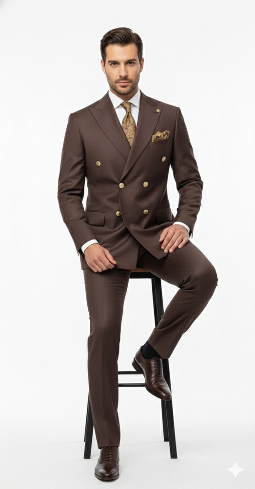 Mens Double Breasted Suits Gold Buttons -  Brown Suit - Double Breasted Blazer