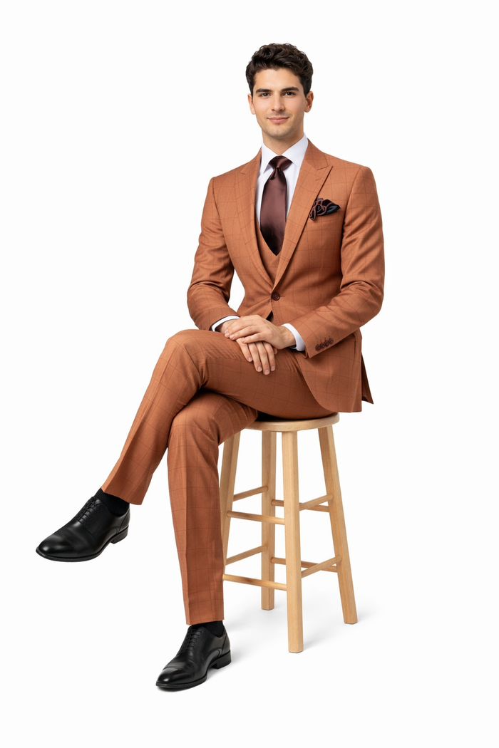 Cognac Windowpane 3-Piece Modern Executive Suit by Rossiman