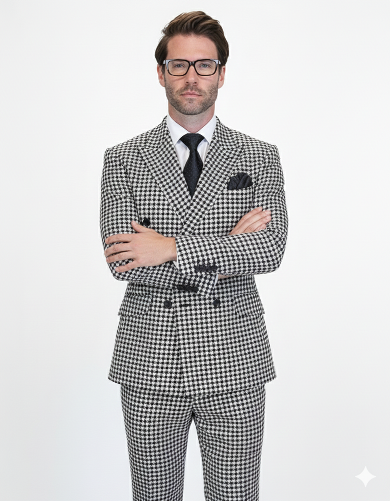 Double Breasted Suits - Vested Suits Wool Fabric  - Black Houndstooth Suit