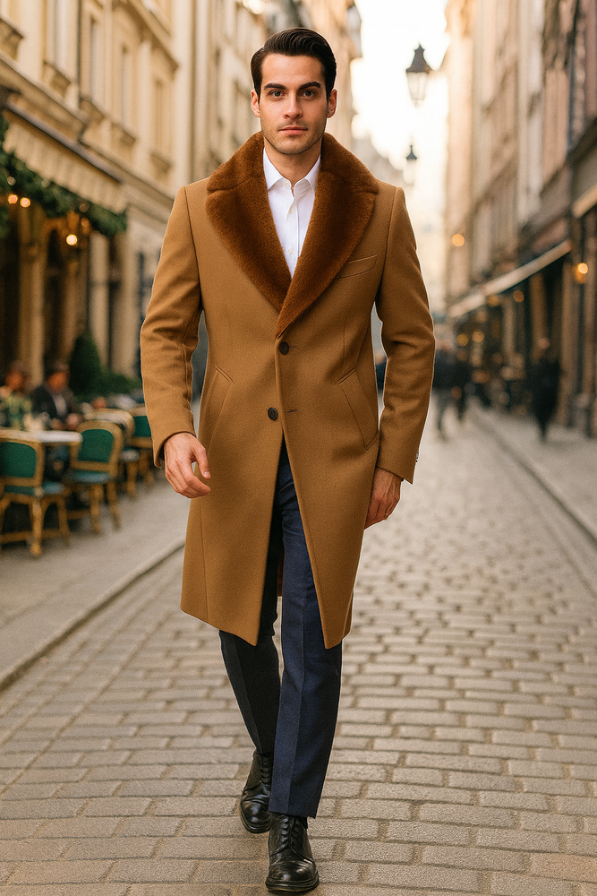 Mens Full Length and Cashmere Overcoat - Winter Topcoats - Dark Brown Coat