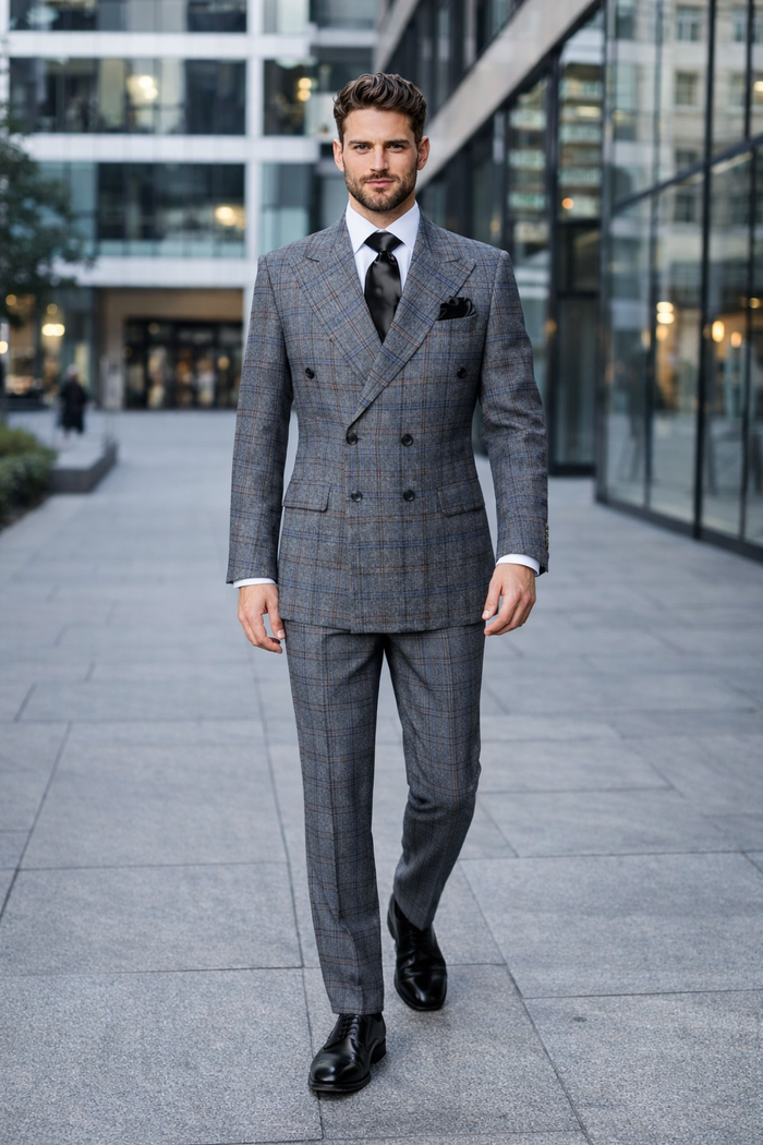 Grey Highland Plaid Double-Breasted 3-Piece Executive Suit by Rossiman