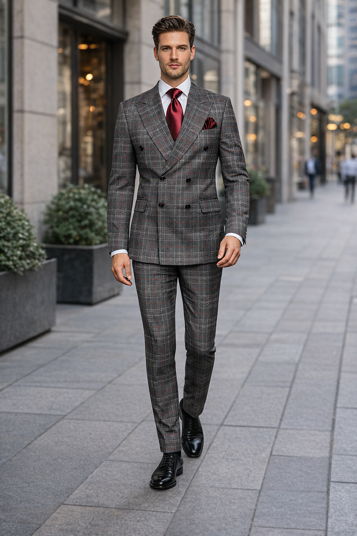 Mens Rossiman Grey Plaid Double Breasted Suit – Modern 6-Button Tailored Fit
