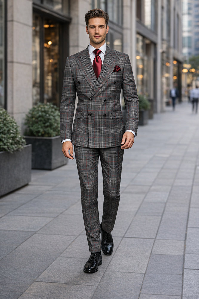 Mens Rossiman Grey Plaid Double Breasted Suit – Modern 6-Button Tailored Fit