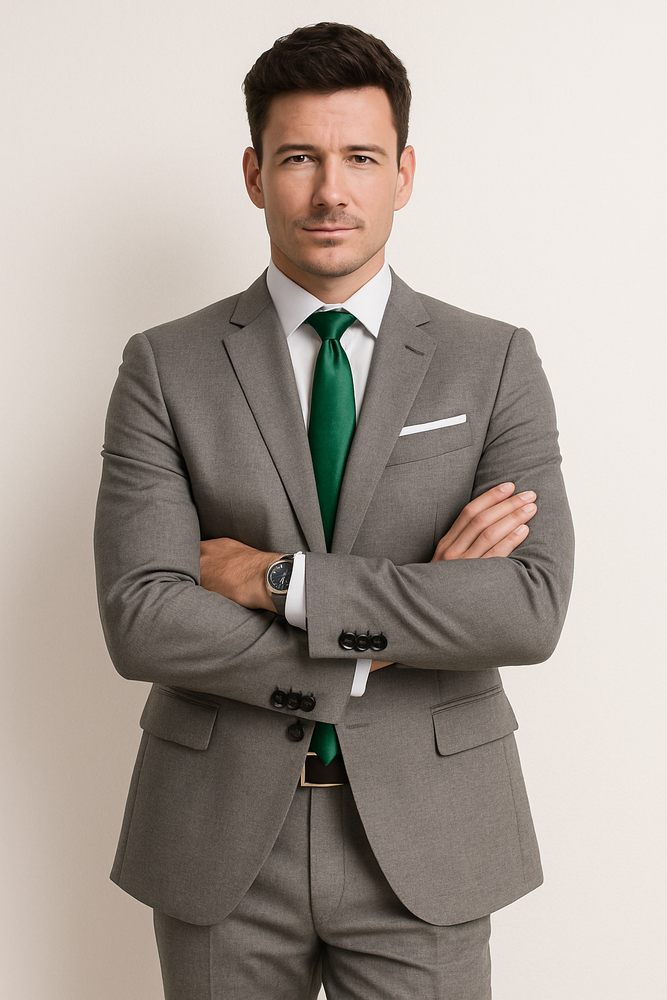 Men's grey suit green tie Package Combo ~ Combination deal 2 button side vented Slim Fit or Regular Fit Cut