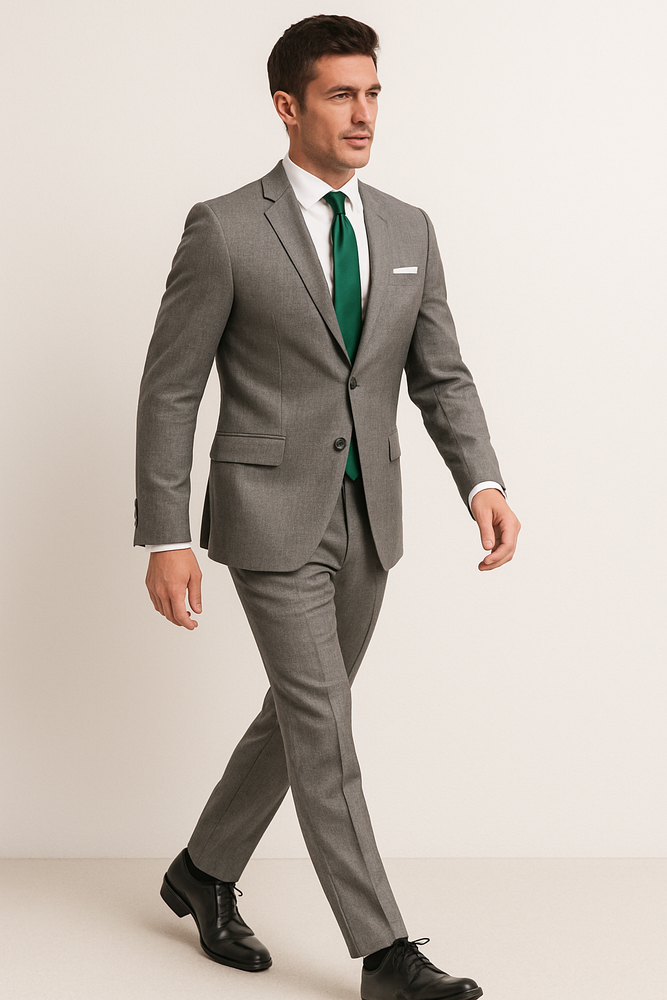 Men's grey suit green tie Package Combo ~ Combination deal 2 button side vented Slim Fit or Regular Fit Cut
