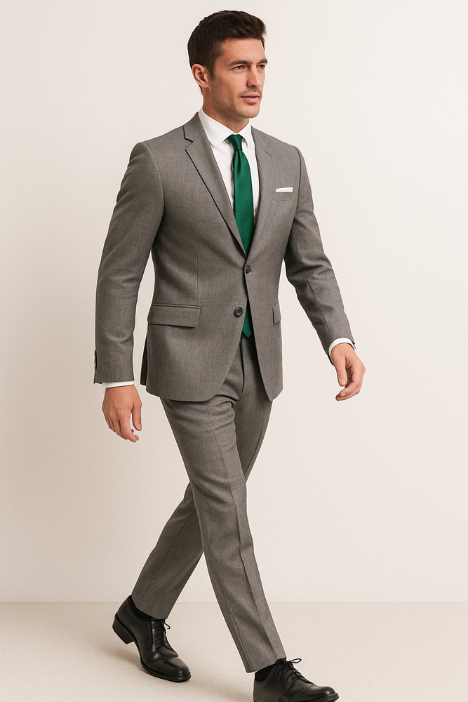 Men's grey suit green tie Package Combo ~ Combination deal 2 button side vented Slim Fit or Regular Fit Cut