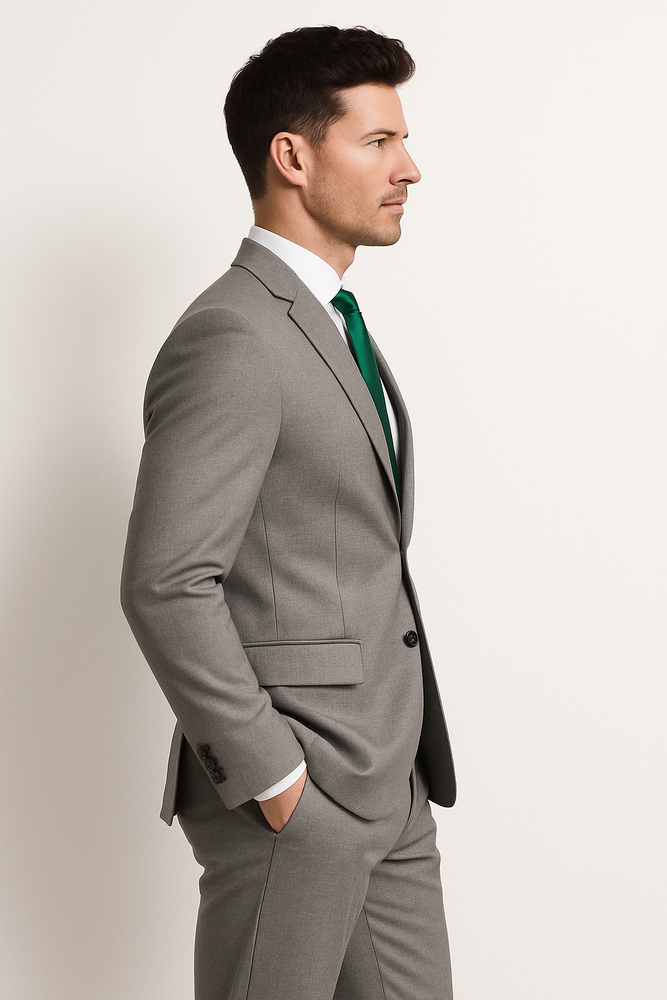 Men's grey suit green tie Package Combo ~ Combination deal 2 button side vented Slim Fit or Regular Fit Cut