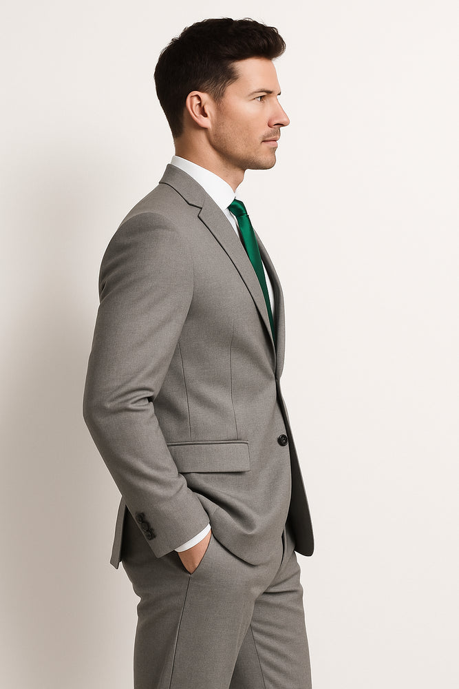 Men's grey suit green tie Package Combo ~ Combination deal 2 button side vented Slim Fit or Regular Fit Cut