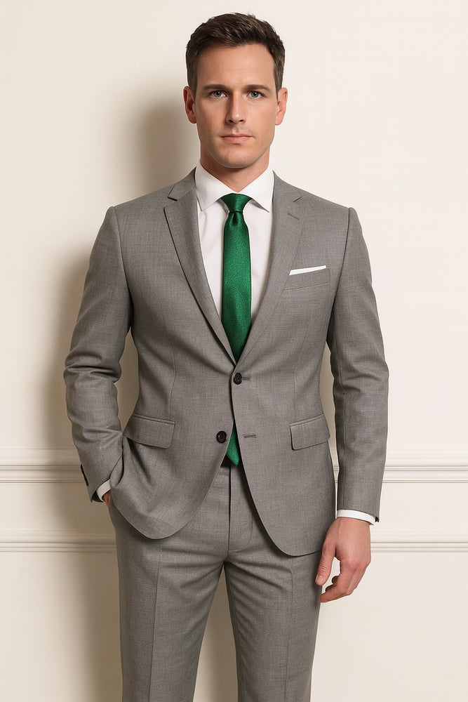 Men's grey suit green tie Package Combo ~ Combination deal 2 button side vented Slim Fit or Regular Fit Cut