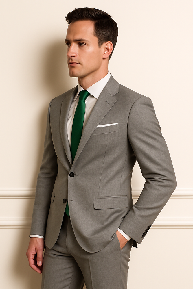 Men's grey suit green tie Package Combo ~ Combination deal 2 button side vented Slim Fit or Regular Fit Cut