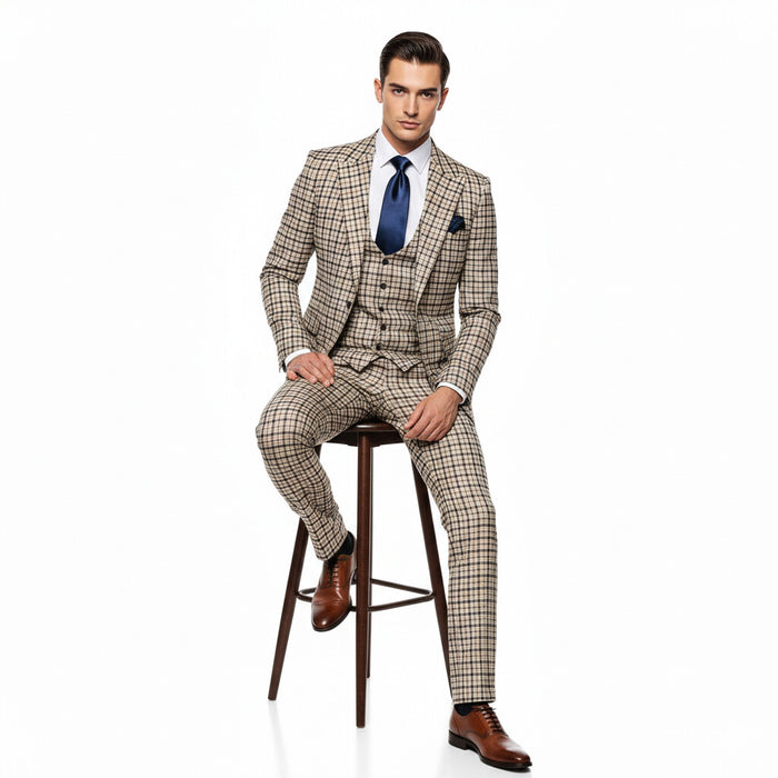 Rossiman Monarch Tan & Navy Grid 3-Piece Signature Suit