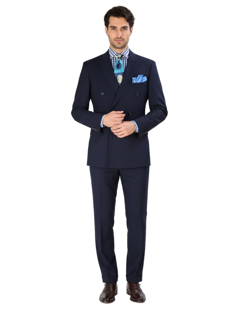 Double Breasted Suits - Vested Suits Wool Fabric - Apolo King Brand - Navy Suit