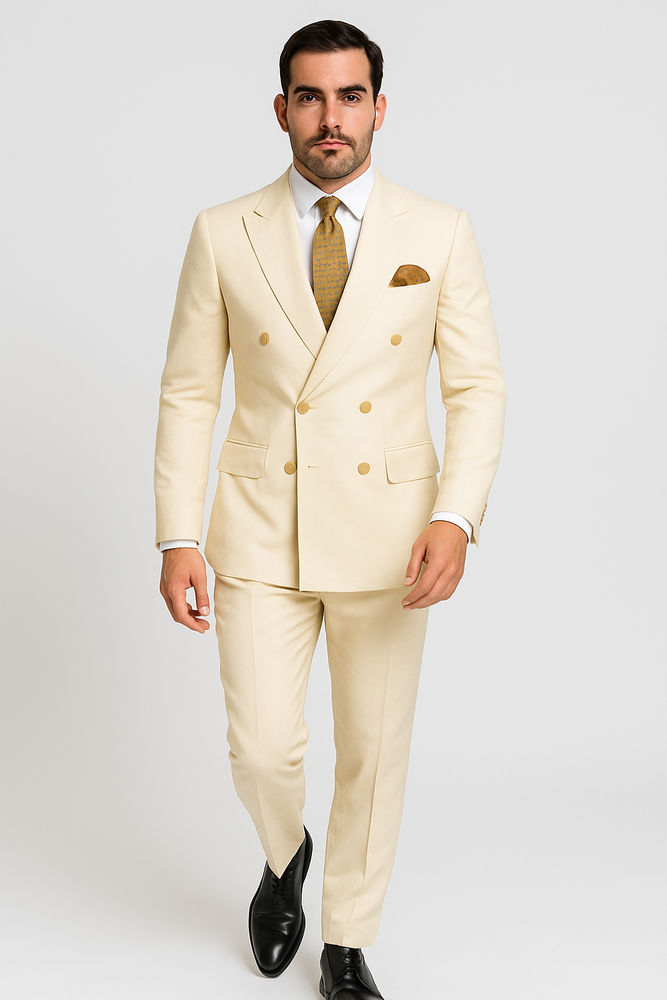 Off White - Ivory - Cream Color White Double Breasted Stylish Peaked Lapel Men Suits