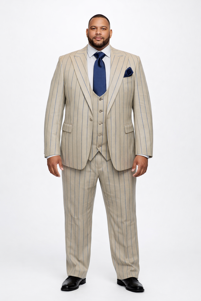 Sandline Beige & Blue Pinstripe 3-Piece Executive Suit by Rossiman