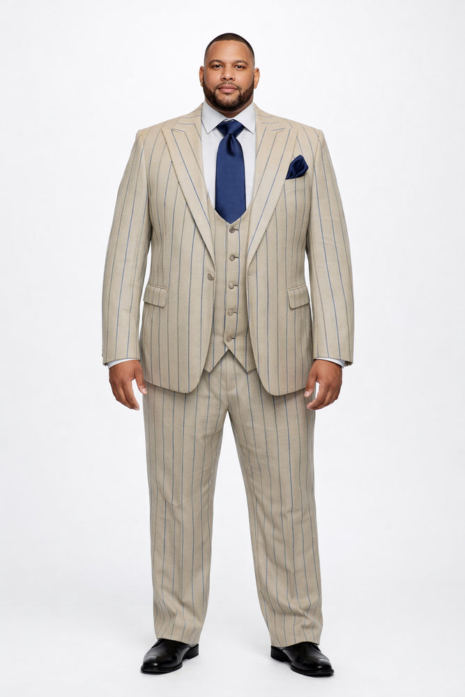 Sandline Beige & Blue Pinstripe 3-Piece Executive Suit by Rossiman