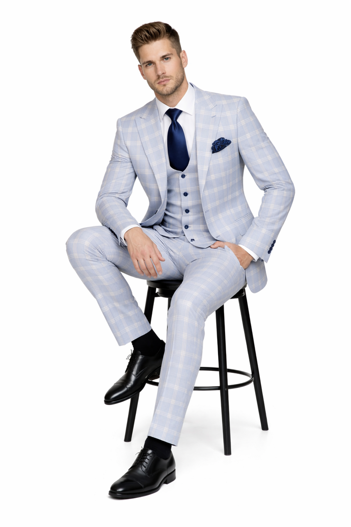 Rossiman Crest Sky Blue Checkered 3-Piece Luxe Suit