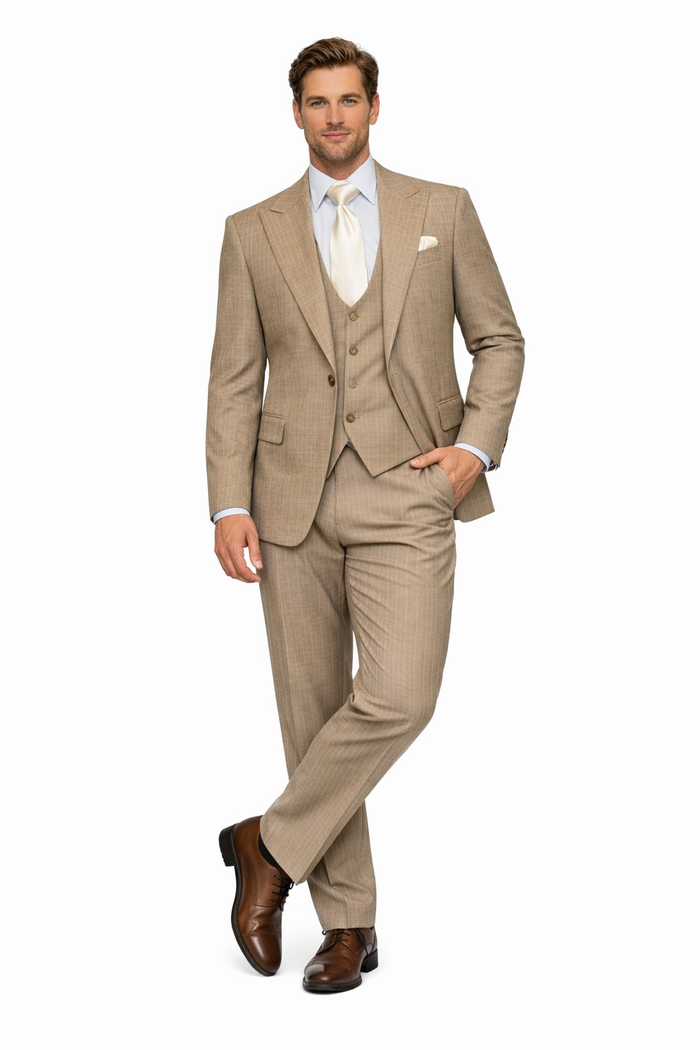 Sandstone Legacy Tan Pinstripe 3-Piece Artisan Suit by Rossiman