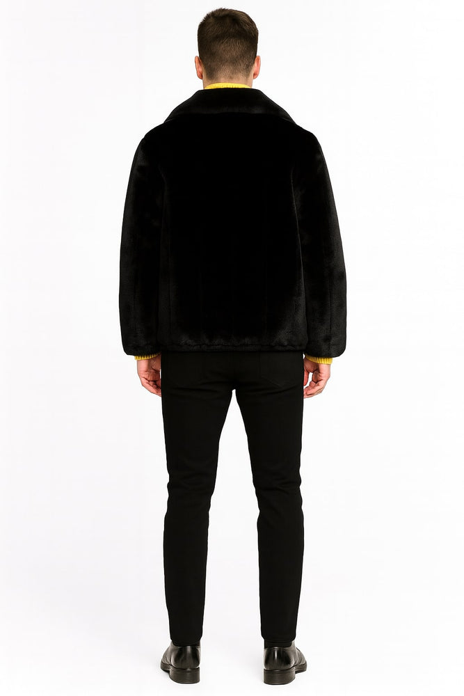 Mens Black Faux Fur Jacket – Luxury Winter Zip-Up Coat with Soft Plush Finish
