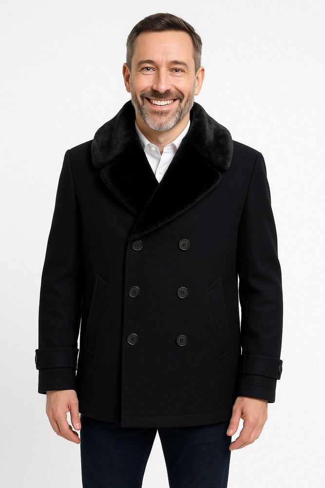 Mens Black Peacoat Wool Overcoat with Faux Fur Shawl Collar – Double-Breasted Winter Peacoat