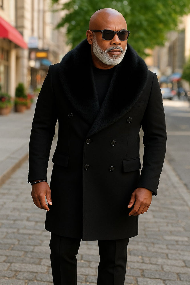 Mens Black Double-Breasted Overcoat with Oversized Faux Fur Collar – Winter Luxury Coat
