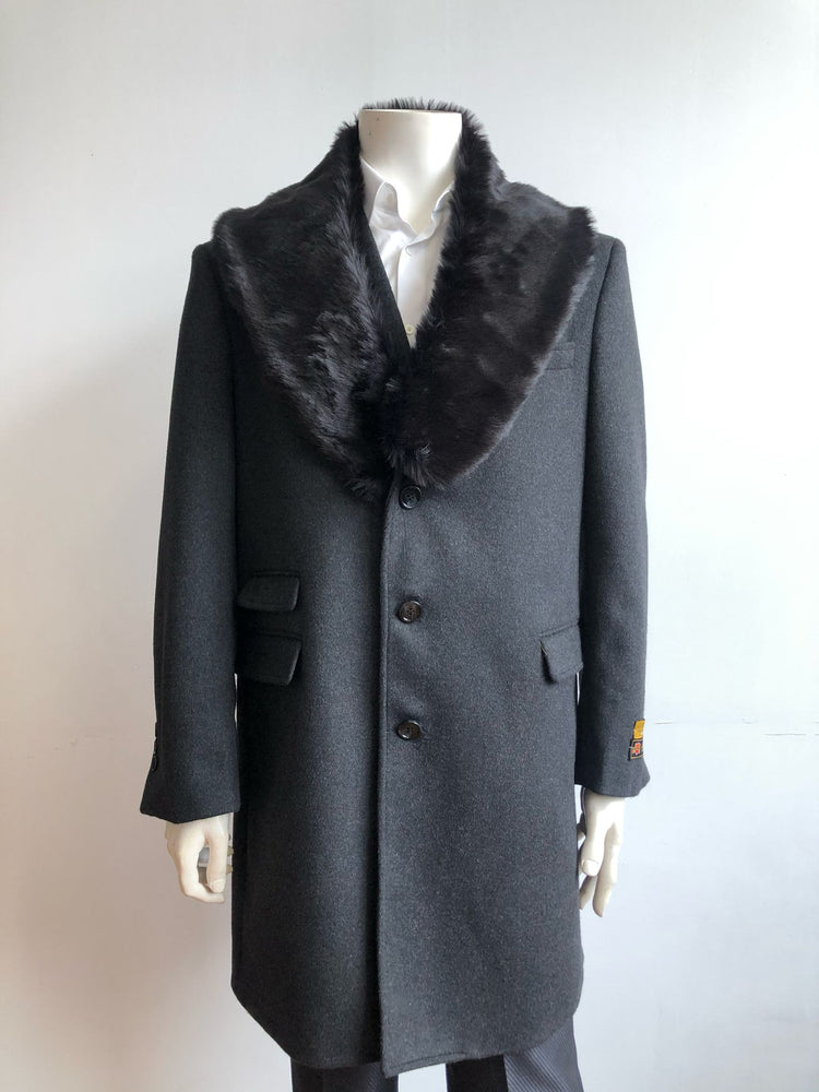 Mens Black Wool Overcoat with Black Faux Fur Collar – Luxury Winter Dress Coat