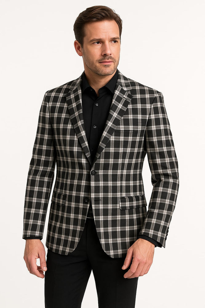 Mens Black and White Plaid Blazer – Modern Fit Checkered Windowpane Pattern Business Sport Coat