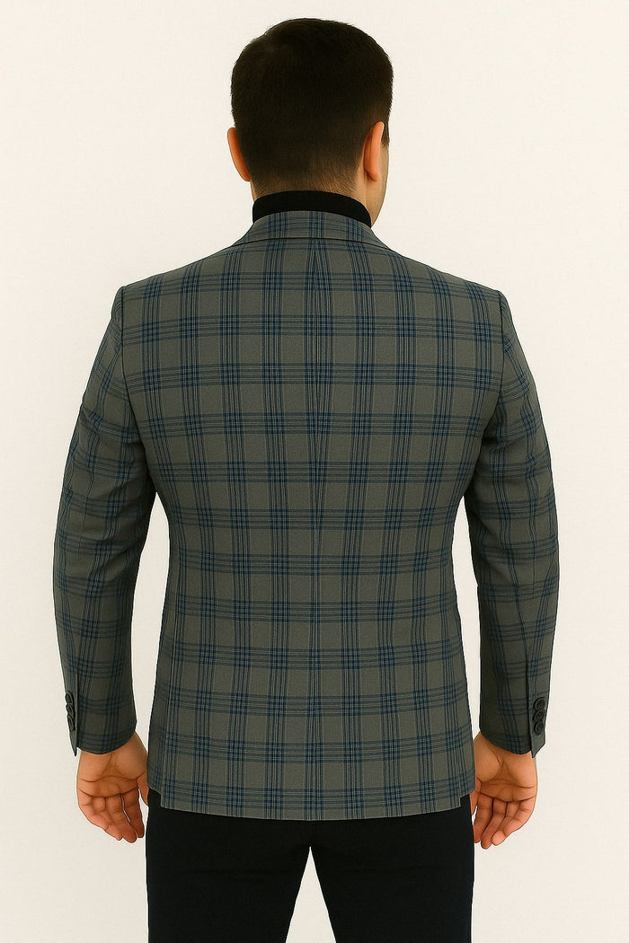Mens Blue and Grey Windowpane Plaid Blazer –  Casual Sport Coat