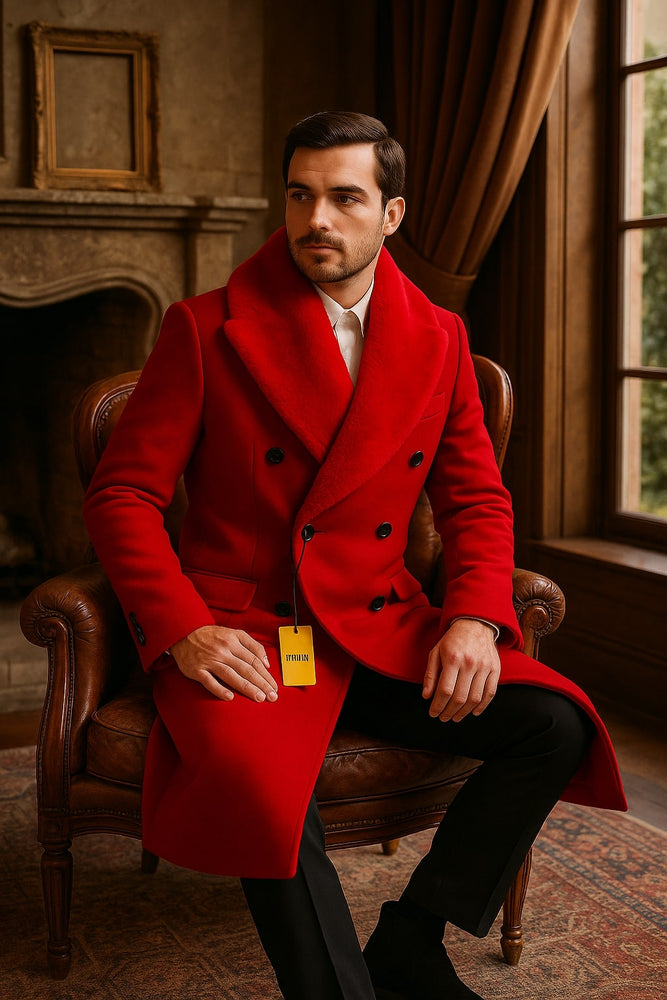 Mens Double Breasted Red Overcoat with Bold Red Faux Fur Collar – Alberto Nardoni Luxury Winter Coat