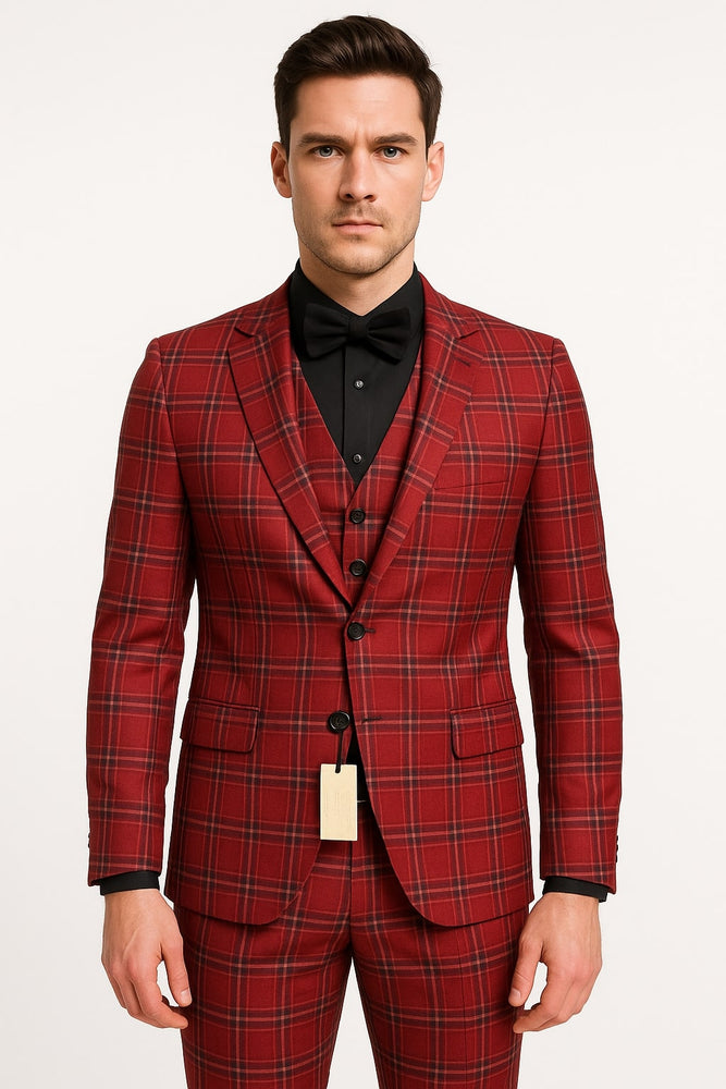 Mens Burgundy Plaid Three-Piece Suit – Ultra Slim Fit Checkered Windowpane Redish 544-10