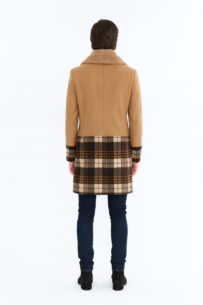 Mens Camel Brown Shawl Collar Overcoat with Plaid Wool Bottom – Double-Breasted Winter Topcoat With Fur Collar
