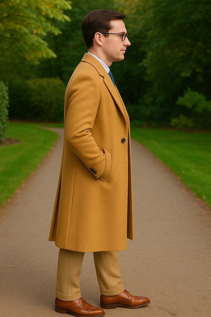 Great Gatbsy Package -  Mens Camel Overcoat with Beige Tweed 3-Piece Suit Combo 4 Items Formal Winter Outfit