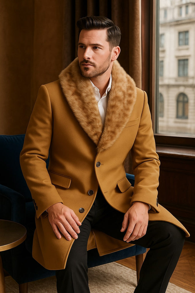 Mens Camel Overcoat with Light Faux Fur Collar – Single-Breasted Wool Dress Coat
