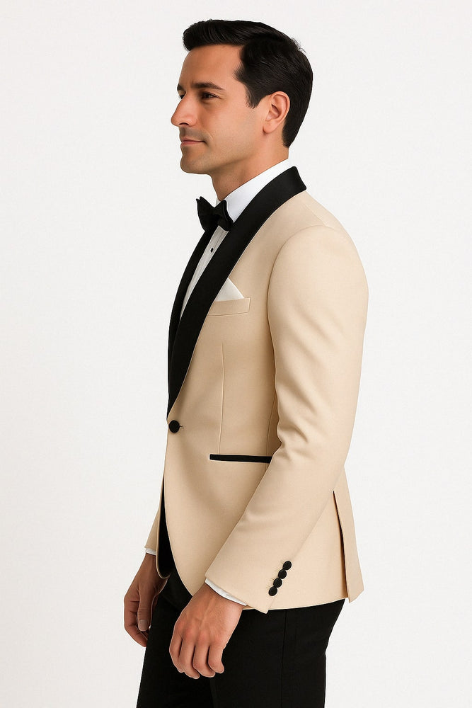Mens Champagne Light Tan Tuxedo Jacket with Black Shawl Lapel – Classic One-Button Formal Dinner Jacket - Nude Color