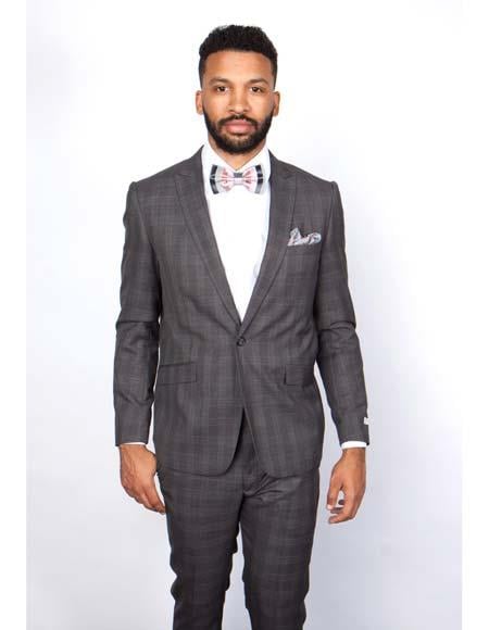 Men’s Slim Fit Charcoal Plaid Suit by Rossiman Rossi | 1-Button Jacket & Tapered Pants – Italian Tailored 3-Piece Luxury Suit
