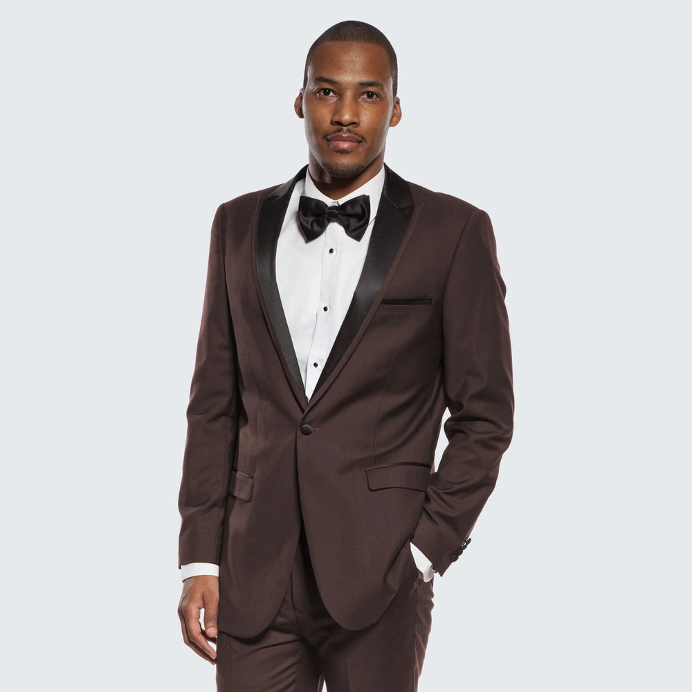 Mens Chocolate Brown Tuxedo with Black Satin Peak Lapel – Formal Wedding and Prom Suit