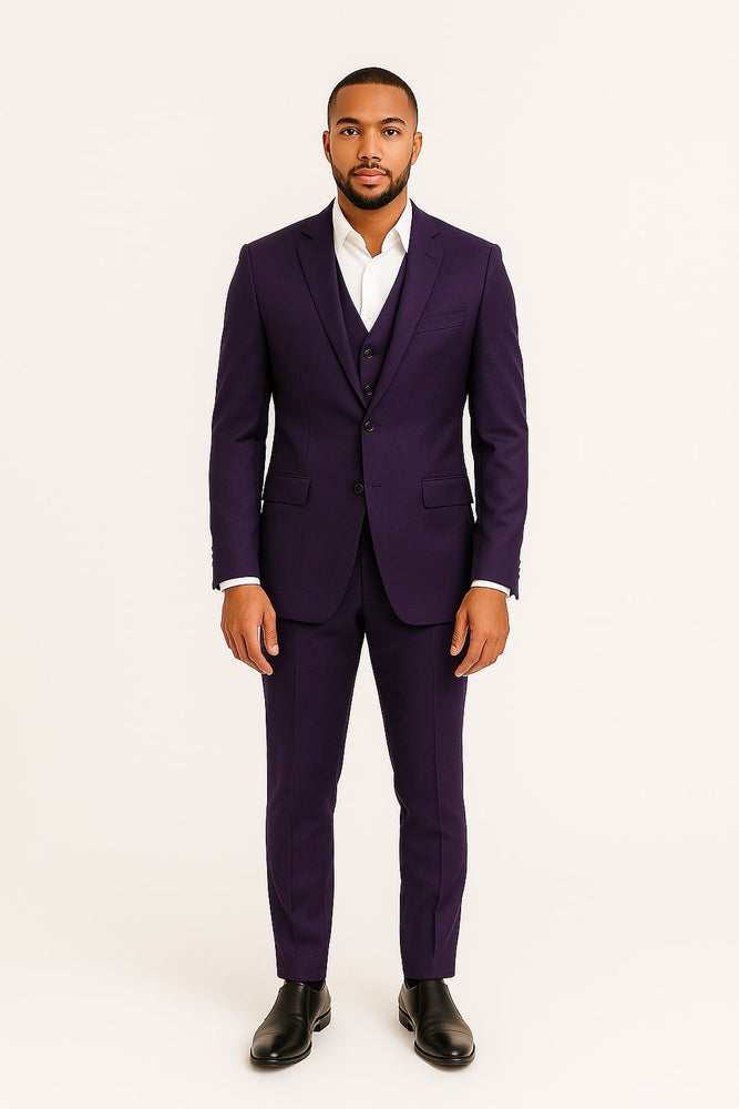 Men’s Classic Three-Piece Purple Suit – Formal Slim Fit Set with Vest